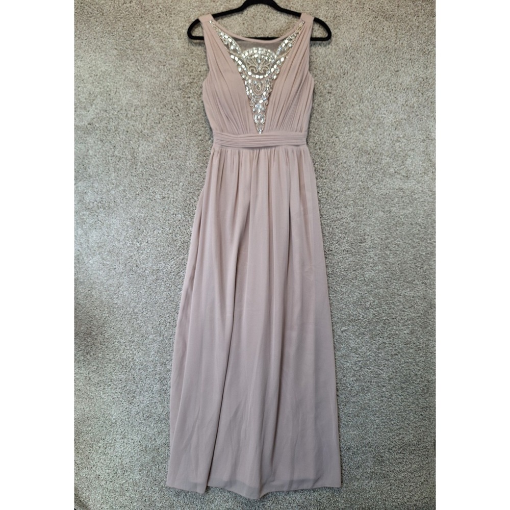 Quiz Maxi Dress Women's 12 Pink Lined Pleated Embellishment Sleeveless V Neck